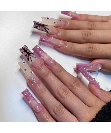 JUSTOTRY 24 Pcs Pearls False Nails Long with Butterfly Lilac Glitter French Press on Nails Patterns Ballerina Stick on Nails for Women Acrylic Coffin Fake Nails Medium with Glue for Nail Art jewels&purple 1