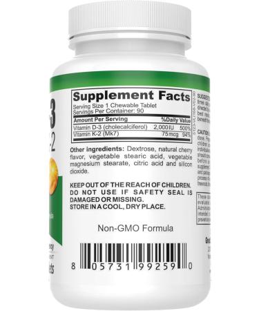 Great Lakes Nutrition Chewable Vitamin D3 & Vitamin K2 Supplement for Men & Women 90 Chewable Tablets - Buy Online on GoSupps.com