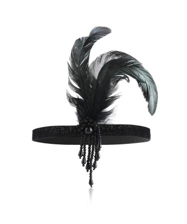 WLLHYF Feather Headwear Headband Flapper Headpiece Black Head Wear 1920s Fashion Bling Rhinestone Hair Accessories for Women Girls Gatsby Themes Party Decoration