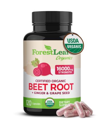 ForestLeaf USDA Organic Beet Root Capsules - Beetroot Supplement 16000 mg Strength 20:1 Extract w/Ginger Grape Seed - Support Blood Pressure Nitric Oxide Flow Circulation - Made in USA - 120 Caps 120 Count (Pack of 1)