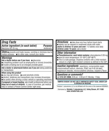 Reliable 1 Laboratories Meclizine 25mg Generic Bonine Motion Sickness - 100 Chewable Tablets x4 Bottles - Buy Online on GoSupps.com