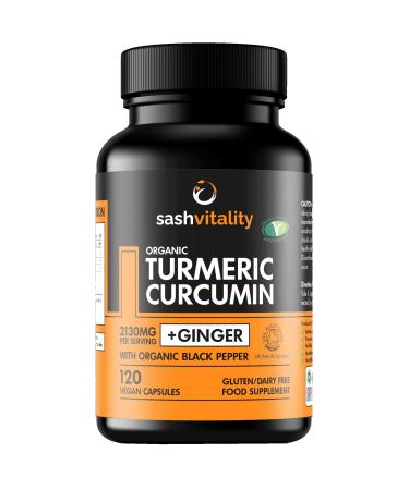 Organic Turmeric Curcumin 2130mg with Black Pepper & Ginger | 120 Vegan Turmeric Capsules High Strength | Supports Joints | Immune System Support | Soil Association Certified Organic | UK Made Turmeric Ginger and Black Pepper 2130mg