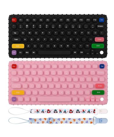 TRACYCY Keyboard Shape Teething Toys for Toddlers New 2 Pack Silicone Teething Toys for Babies 6+ Months Boys Girls Baby Molar Teether Chew Toys Set Black&Pink