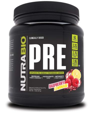 NutraBio PRE Workout Powder - Sustained Energy, Mental Focus, Endurance - Clinically Dosed Formula - Beta Alanine, Creatine, Caffeine, Electrolytes - 20 Servings - Raspberry Lemonade