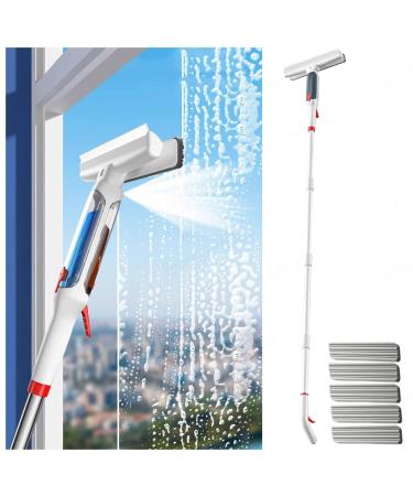 RRRYYYZZ 75'' Spray Window Squeegee for Home with 4-Section Extension Pole 4 in 1 Squeegee for Shower Glass Window Washing Kit with Sewage Collector and 5 Pads