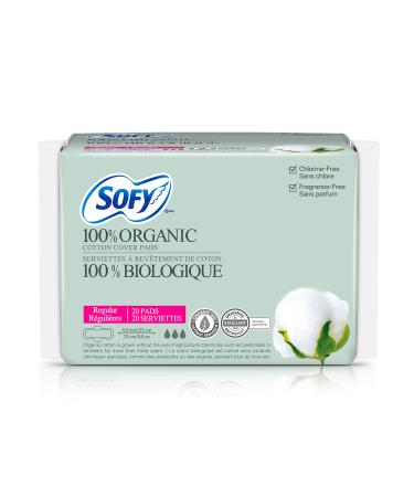 Sofy Organic Cotton Sanitary Pads for Women - Certified Organic Regular Sanitary Napkins Super Absorbent Chlorine Free Chemical Free SAP Free Ultra Thin Leak Protection (Regular 20 Count) 20 Count (Pack of 1)