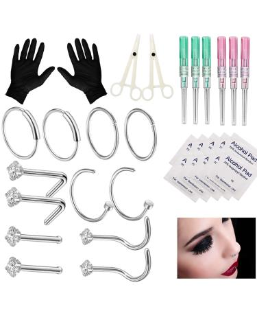 SOTICA Nose Piercing Kit, 32Pcs Nose Piercing Jewelry Kit with 18G 20G Hollow Needles Nose Rings Nose Studs Professional Nose Piercing Kit With Piercing Clamps Jewelry for Nose Piercing Supplies