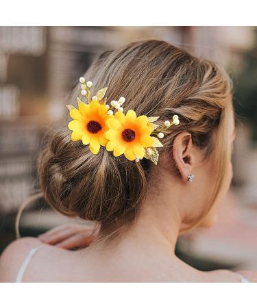 BETITETO Bridal Sunflower Hair Pins - 2Pcs U-Shaped Pearl Gold Leaf Boho Headpiece for Wedding - Buy Online on GoSupps.com
