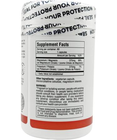 Magnesium Citrate + Potassium 60 Premium Vegan Capsules(Citrate 375 mg) + (375mg Potassium) Non GMO Gluten Free - High Absorption Supplement Made in USA - Buy Online on GoSupps.com