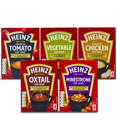Heinz Lot de 5 tasses à soupe Crème de tomate, légumes, poulet, minestrone, queue de bœuf 4 sachets