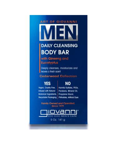 GIOVANNI Men s Daily Cleansing Body Bar  5 oz  with Ginseng and Eucalyptus  Deeply Cleanses & Moisturizes for Hydrated Skin  Men s Cedarwood Collection For All Skin Types  Vegan-Friendly