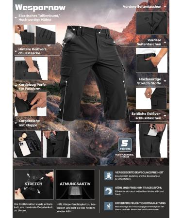 Waspornow Men's 3/4 Cargo Bermuda Shorts - Waterproof Stretch Hiking & MTB Pants - Outdoor Summer Wear in Black - Buy Online on GoSupps.com