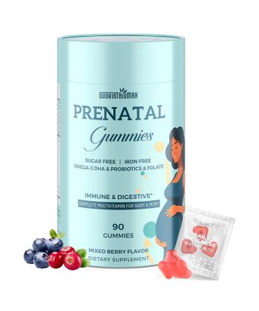 Prenatal Gummies Sugar Free 90 Count - Organics Prenatal Vitamins for Women with Folate DHA & Probiotics - Iron Free Prenatal Vitamin Gummies for Immune & Digestive - 1 Bottle 90 Count (Pack of 1)