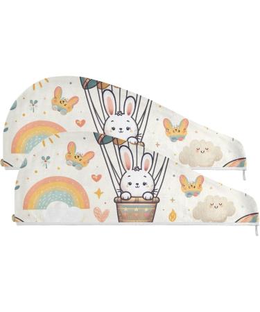 Cute Bunnies Hot Air Balloons Hair Towel 2 Pack - Super Absorbent Quick Dry Hair Turbans for Women & Girls - Buy Online on GoSupps.com