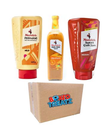 Nando's Gift Bundle Of 3 Nando's Medium Peri-Peri Sauce 1L Nando's Perinaise Mild 465g Nando's Sweet Chilli Jam 510g Nando's Condiment Set Nando's Fan Gift Boxed Treatz - Buy Online on GoSupps.com