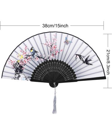 Folding Bamboo Handheld Fans Set - 4 Pieces with Tassel | Wall Decoration & Gift | Black Gray Gradient Pink Plum Blossom - Buy Online on GoSupps.com