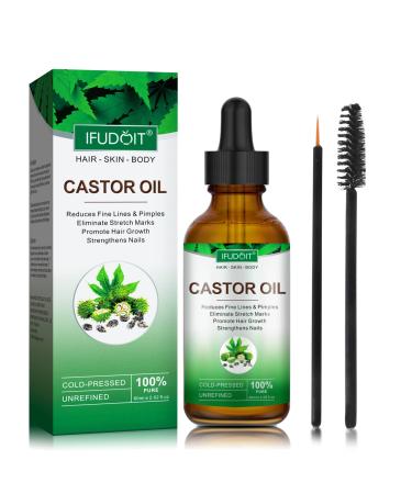 IFUDOIT Castor Oil Organic (2 Oz/60ml) with 1 Sets of Eyebrow and Eyeliner Brushes Great for Hair  Eyelashs  Eyebrows  Face and Skin Care  Boost Growth  Fade Fine Lines and Wrinkles