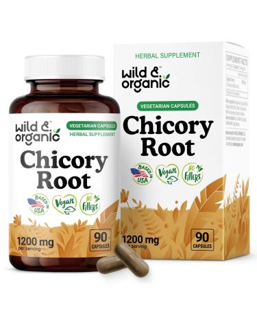 Wild & Organic Chicory Root Capsules - 1200 mg of Chicory Root Powder per Serving - Digestive & Gut Support - Inulin Fiber Prebiotic Supplement - Non-GMO Vegan Inulin Capsules - 90 Count 90 Count (Pack of 1)