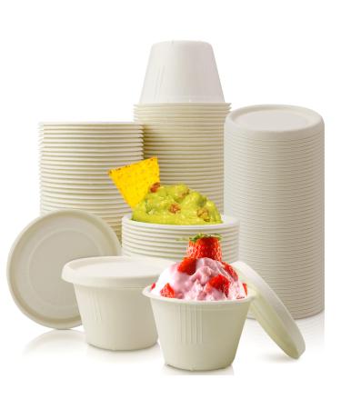 Vmiapxo 100 Sets Natural Bagasse Fiber Paper Cups, Portion Cups Disposable Dishes Recycleable Cups for Sample Condiment Tasting Serving (4oz Cups with Lids)
