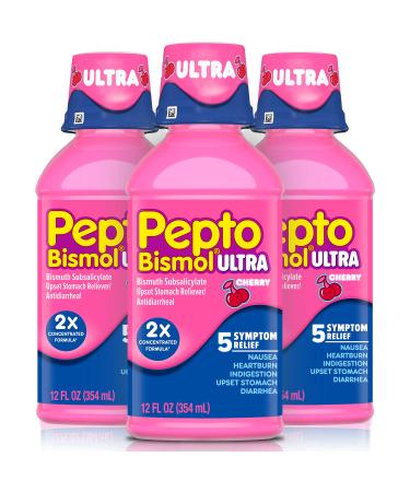 Pepto Bismol Ultra Liquid, 2X Concentrated Formula, Upset Stomach Relief, Bismuth Subsalicylate, Multi-Symptom Gas, Nausea, Heartburn, Indigestion, Diarrhea Relief, Cherry, 12 OZ Liquid (3 Pack) 12 Fl Oz (Pack of 3)