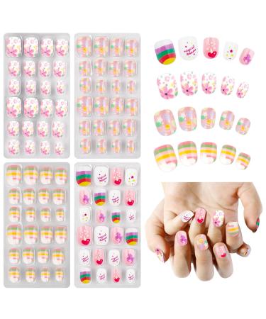 Obidodi 96pcs Kids False Nails Girls Press on Nails Short Full Cover Fake Nail Kits Kids Stick on Nails Girls Children Nail Design Decoration False Nails for Kids Kit 96 PCS 02