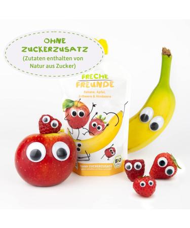 Cheeky Friends Bio Quetschie Fruit Puree for Kids - Banana Apple Strawberry & Raspberry - Vegan Gluten-Free - 12 x 100g Squeeze Bags (2x 6 Pack) Perfect for Babies 6 Months+ - Buy Online on GoSupps.com