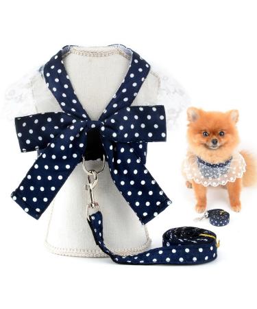 SMALLLEE_LUCKY_STORE Pet Polka Dot Princess Harness Dress and Leash for Small Dogs Cats Girls with D-ring Bow Lace Trim Female Puppy Yorkie Chihuahua Summer Clothes Blue M M blue