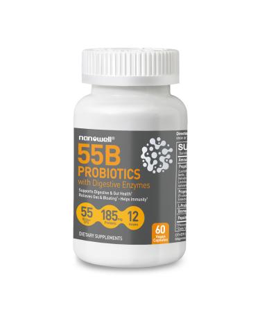 NANOWELL 55B Probiotics with Digestive Enzymes for Immune Support & Gut Health - 55 Billion CFU 12 Strain 185 mg Prebiotic - Relieves Gas & Bloating - 60 Vegan Capsules 60 Day Supply 60 Count (Pack of 1)