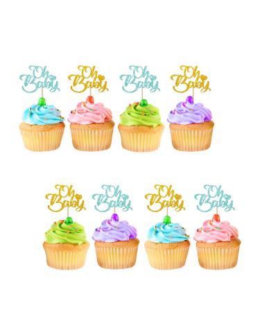 Oh Baby Cupcake Toppers for Baby Shower Welcome Baby Cupcake Toppers Blue & Gold Glitter Cake Decorations for Gender Reveal/1st Birthday Party Supplies - 24pcs blue&gold