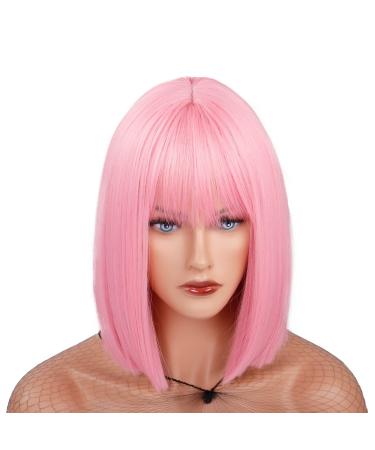 Meiriyfa pink short bob wig with pony for women briefly smooth medium -length synthetic full wig for daily use party cosplay 30cm rose