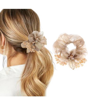 Brinie Flower Hair Scrunchies Champagne Elastic Hair Bands Handmade Bead Rhinestone Hair Ties Stretchy Hair Rope Ties Ponytail Holder Hair Accessories for Women and Girls (Type 1)