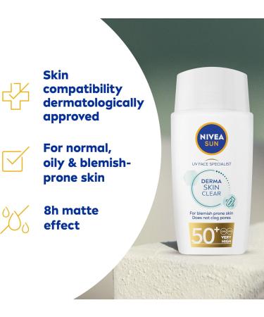 NIVEA SUN Derma Skin Clear SPF50+ (40ml) Face Sunscreen with Anti-Blemish Complex and Niacinamide Protects Against UVA/UVB Rays and Premature Skin Ageing - Buy Online on GoSupps.com