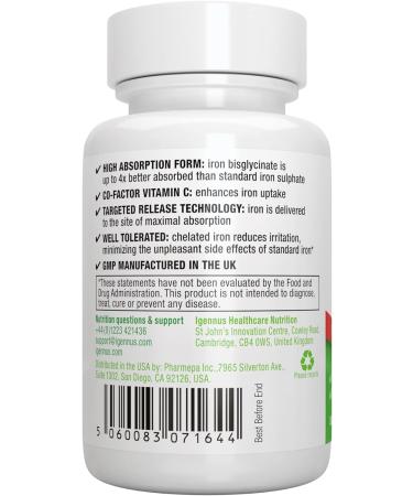 High Absorption Chelated Iron Bisglycinate 20mg with Vitamin C - Vegan 180 Tablets by Igennus - Buy Online on GoSupps.com