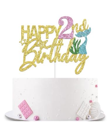 Mermaid Happy 2nd Birthday Cake Topper Gold Glitter Mermaid Two Cake Decoration Ocean Theme for Girl 2 Years Old Birthday Party Cake Decor