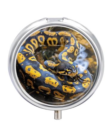 Pill Box Pill Case 3 Compartment Travel Pill Box Yellow and Black Python Printing Small Pill Box Portable Medicine Pill Case Pill Organizer for Purse & Pocket for Travel Handbag (Round)