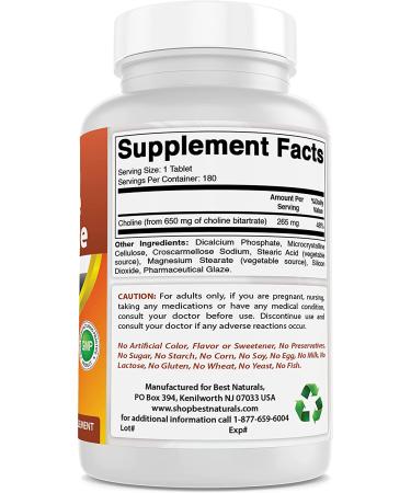 Best Naturals Choline Bitartrate 650mg (Non-GMO) - 180 Tablets for Cognitive Brain Function - Buy Online on GoSupps.com