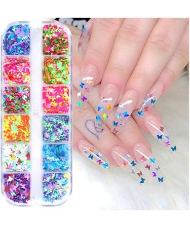 Kalolary 12 Color Butterfly Glitter Nail Art Chunky Sequin Flakes & 3D Stickers for Stunning Manicures - Buy Online on GoSupps.com