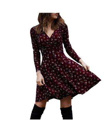 Ronony women retro deep dress dress elegant swing dress pocket dress vintage high waist party midi dress clothes medium length dress summer dress for women bohhmisch long arm long lang skirts xl red wine