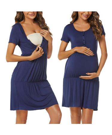 Irdcomps Women's Maternity Nightdress Button Down Breastfeeding Nursing Pregnancy Short Sleeve Nightgowns Labour Loungewear For Hospital 02-dark Blue L