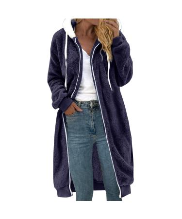 Hanxiulin coat plush jacket hoodie jacket oversize winter coat fleece jacket ladies long -sleeved stand -up collar overwragal windproof transition jacket fleece buffer coat with hood winter jacket m dark blue