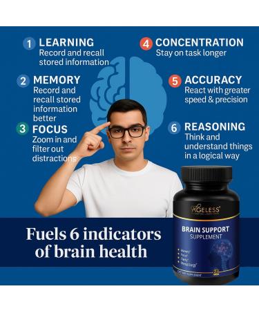 Ageless Brain Supplements for Memory and Focus | Cognitive Improvement | Formulated with Clinically Studied Ingredients | Support Mental Clarity & Neuro Health | Vitamin B6, B12, 60 Capsules - Buy Online on GoSupps.com