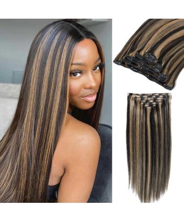 Asteria Hair Clip in Extensions Human Hair Full Head Ombre Natural Black Fading to Honey Blonde Real Hair Extensions Clip in Human Hair Highlights Straight Clip Ins For Women 7 Pcs 120g 16 Inch 16 Inch Straight P1B/27 co...