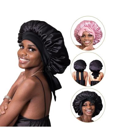 Queen Silk Bonnet for Sleeping - Adjustable Hair Wrap Cap for Men and Women - 2pcs Pack in Black Pink - Ideal for Natural Hair - Buy Online on GoSupps.com