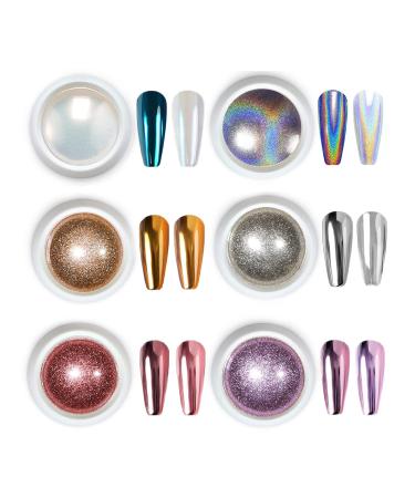 Turlyxie 6 Chrome Nail Powder, Nail Art Powder with Mirror Effect, Holo Chrome Powder, Pearl Effect Powder C2