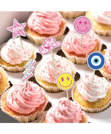 Whaline 40Pcs Preppy Pink Party Cupcake Toppers 10 Designs Paper Cake Decor Cute Cupcake Picks for Y2K Bachelorette Birthday Party Supplies Photo Booth Props - Buy Online on GoSupps.com