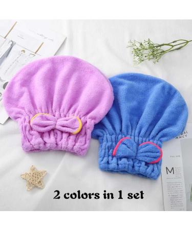 Haomye Microfiber Hair Drying Towel Set with Bow-Knot Shower Cap - Quick Dry Hair Turban for Women and Girls - 2Pcs (Blue & Purple) - Buy Online on GoSupps.com