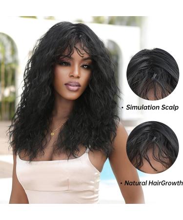 18 Medium Long Black Wig with Bangs for Women - Heat Resistant Synthetic Curly Wavy Wig for Cosplay and Halloween - Black #4 - Buy Online on GoSupps.com