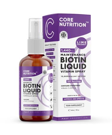 Biotin Liquid Spray - Vegan - High Strength 12 000mcg per Serving - Hair Nail & Skin Health Supplement - 4 Month Supply - 120 Servings - 60ml Spray - Vitamin B7 - Made in UK by Core Nutrition