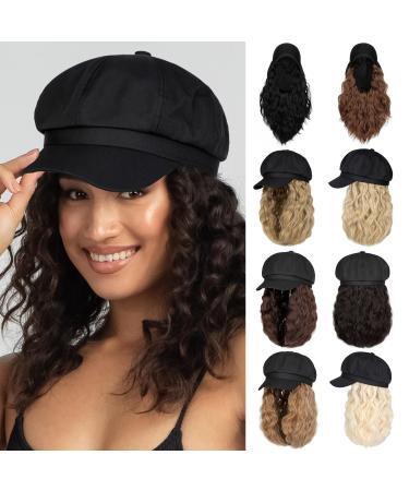 Lansigreen Newsboy Cap with Hair Extensions Short Curly Wavy Bob Hairstyle Wig Hat Beret 8 Panel Attached 14 Synthetic Hairpiece for Women Natural Black 14 Inch-Black Hat Natural Black-Black Hat