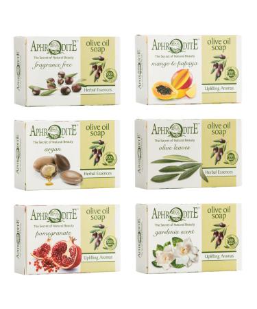 Aphrodite Olive Oil Soap Bundle. 6 Piece All Natural Soap Set Made Without Any Chemical Substances or Animal Fats. Antioxidant Infused Soap to Help Prevent Premature Ageing. Perfect for Sensitive Skin Mango & Papaya Argan Olive Oil Pomegranate - Buy Online on GoSupps.com